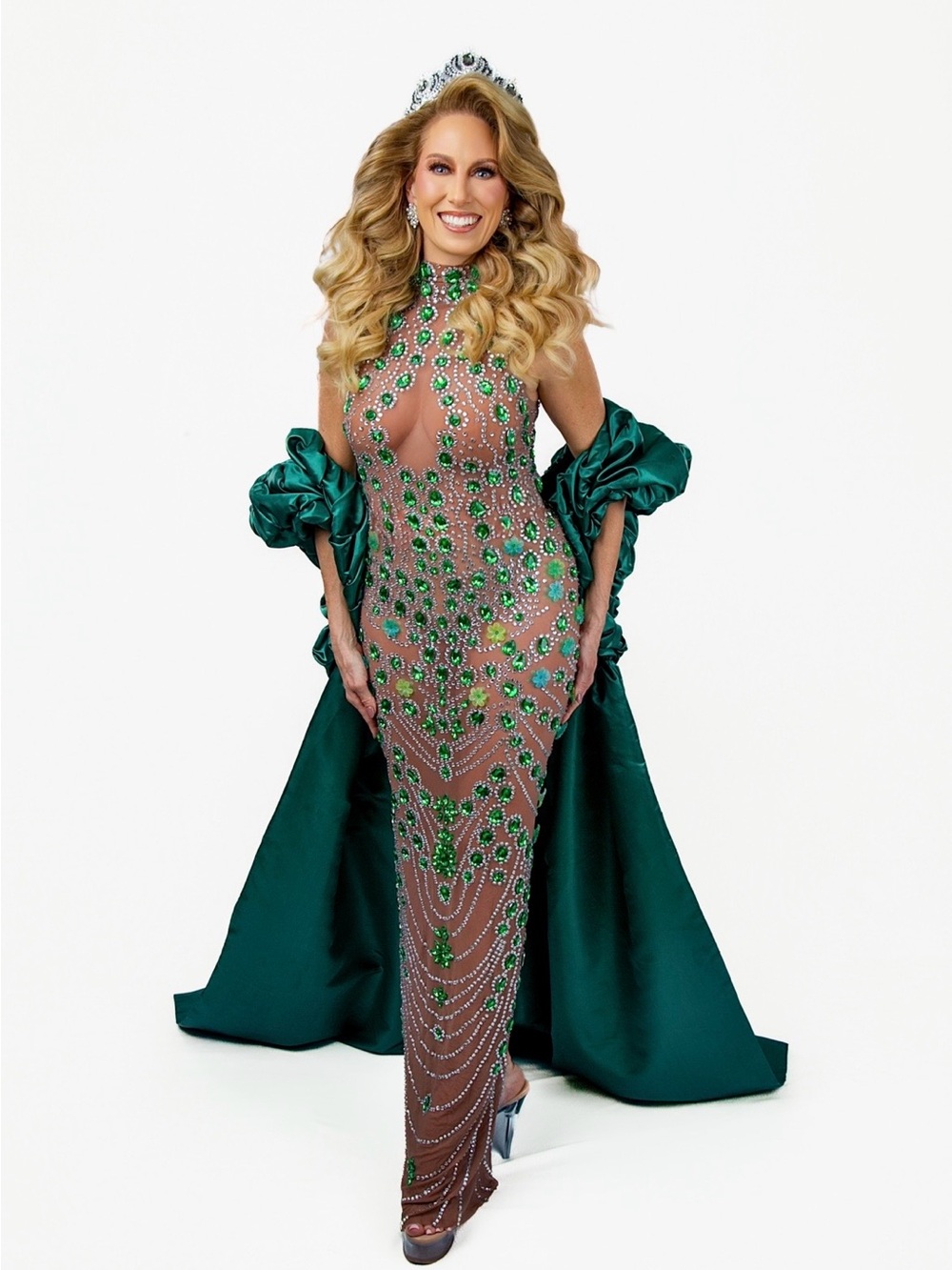 Emerald-Embellished Sheer Evening Gown